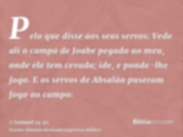 Pelo que disse aos seus servos: Vede ali o campo de Joabe pegado ao meu, onde ele tem cevada; ide, e ponde-lhe fogo. E os servos de Absalão puseram fogo ao camp