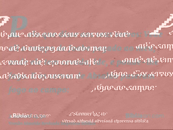 Pelo que disse aos seus servos: Vede ali o campo de Joabe pegado ao meu, onde ele tem cevada; ide, e ponde-lhe fogo. E os servos de Absalão puseram fogo ao camp
