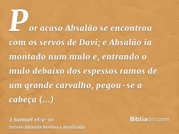 Por acaso Absalão se encontrou com os servos de Davi; e Absalão ia montado num mulo e, entrando o mulo debaixo dos espessos ramos de um grande carvalho, pegou-s