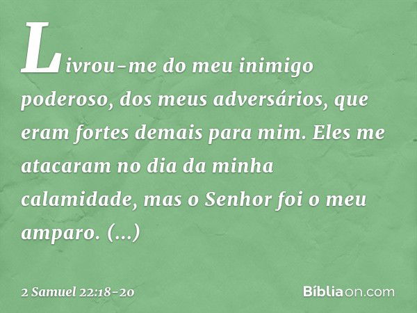 Livrou-me do meu inimigo poderoso,
dos meus adversários,
que eram fortes demais para mim. Eles me atacaram
no dia da minha calamidade,
mas o Senhor foi o meu am