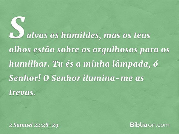 Salvas os humildes,
mas os teus olhos
estão sobre os orgulhosos
para os humilhar. Tu és a minha lâmpada, ó Senhor!
O Senhor ilumina-me as trevas. -- 2 Samuel 22