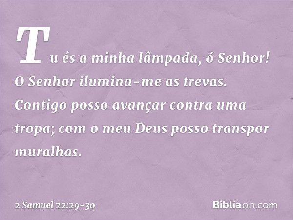 Tu és a minha lâmpada, ó Senhor!
O Senhor ilumina-me as trevas. Contigo posso avançar
contra uma tropa;
com o meu Deus
posso transpor muralhas. -- 2 Samuel 22:2