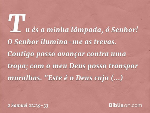 Tu és a minha lâmpada, ó Senhor!
O Senhor ilumina-me as trevas. Contigo posso avançar
contra uma tropa;
com o meu Deus
posso transpor muralhas. "Este é o Deus
c