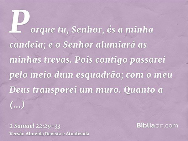 Porque tu, Senhor, és a minha candeia; e o Senhor alumiará as minhas trevas.Pois contigo passarei pelo meio dum esquadrão; com o meu Deus transporei um muro.Qua