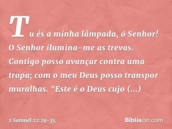 Tu és a minha lâmpada, ó Senhor!
O Senhor ilumina-me as trevas. Contigo posso avançar
contra uma tropa;
com o meu Deus
posso transpor muralhas. "Este é o Deus
c