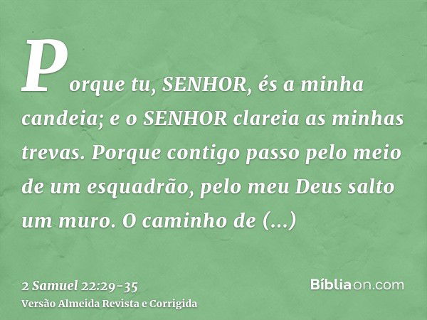 Porque tu, SENHOR, és a minha candeia; e o SENHOR clareia as minhas trevas.Porque contigo passo pelo meio de um esquadrão, pelo meu Deus salto um muro.O caminho