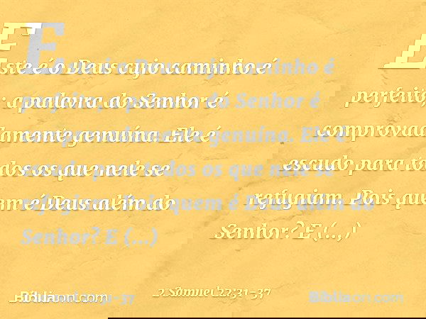 "Este é o Deus
cujo caminho é perfeito;
a palavra do Senhor
é comprovadamente genuína.
Ele é escudo
para todos os que nele se refugiam. Pois quem é Deus além do
