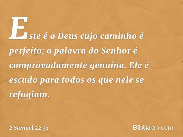 "Este é o Deus
cujo caminho é perfeito;
a palavra do Senhor
é comprovadamente genuína.
Ele é escudo
para todos os que nele se refugiam. -- 2 Samuel 22:31