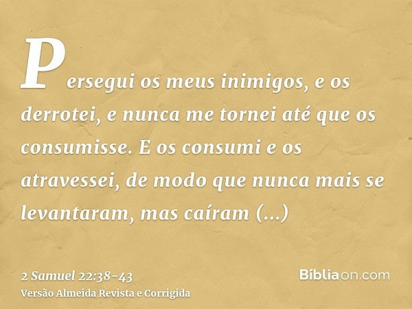 Persegui os meus inimigos, e os derrotei, e nunca me tornei até que os consumisse.E os consumi e os atravessei, de modo que nunca mais se levantaram, mas caíram