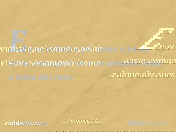 Eu os reduzi a pó, como o pó da terra;
esmaguei-os
e os amassei como a lama das ruas. -- 2 Samuel 22:43