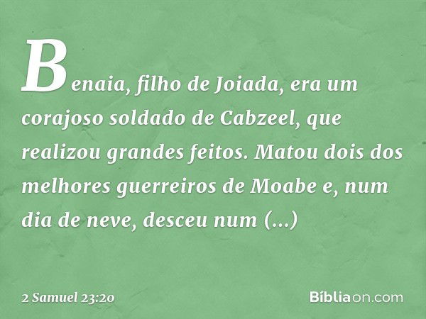 Benaia, filho de Joiada, era um corajoso soldado de Cabzeel, que realizou gran­des feitos. Matou dois dos melhores guerreiros de Moabe e, num dia de neve, desce