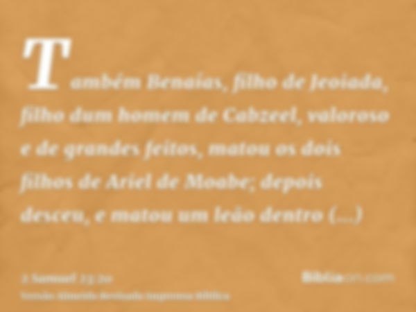 Também Benaías, filho de Jeoiada, filho dum homem de Cabzeel, valoroso e de grandes feitos, matou os dois filhos de Ariel de Moabe; depois desceu, e matou um le