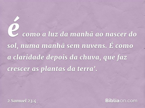 é como a luz da manhã
ao nascer do sol,
numa manhã sem nuvens.
É como a claridade depois da chuva,
que faz crescer as plantas da terra'. -- 2 Samuel 23:4