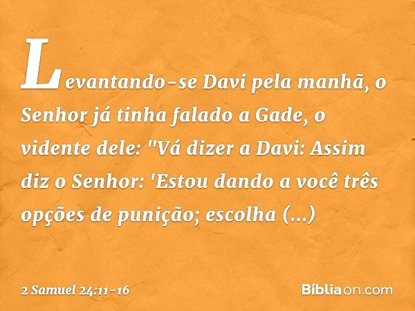 Levantando-se Davi pela manhã, o Senhor já tinha falado a Gade, o vidente dele: "Vá dizer a Davi: Assim diz o Senhor: 'Estou dando a você três opções de punição