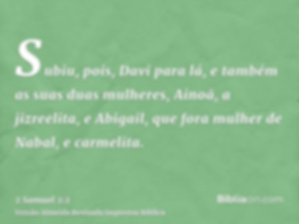 Subiu, pois, Davi para lá, e também as suas duas mulheres, Ainoã, a jizreelita, e Abigail, que fora mulher de Nabal, e carmelita.