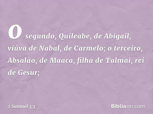 o segundo, Quileabe,
de Abigail, viúva de Nabal,
de Carmelo;
o terceiro, Absalão, de Maaca,
filha de Talmai, rei de Gesur; -- 2 Samuel 3:3