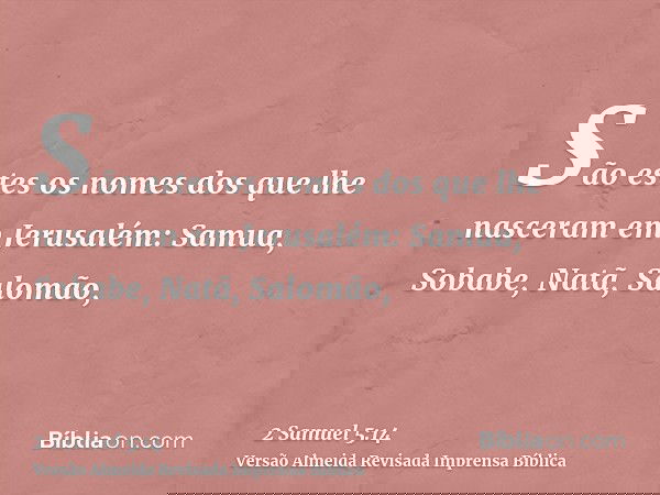 São estes os nomes dos que lhe nasceram em Jerusalém: Samua, Sobabe, Natã, Salomão,