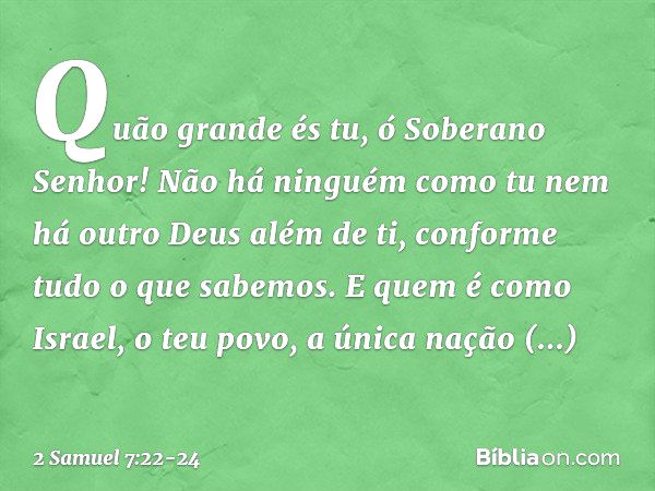 "Quão grande és tu, ó Soberano Senhor! Não há ninguém como tu nem há outro Deus além de ti, conforme tudo o que sabemos. E quem é como Israel, o teu povo, a úni