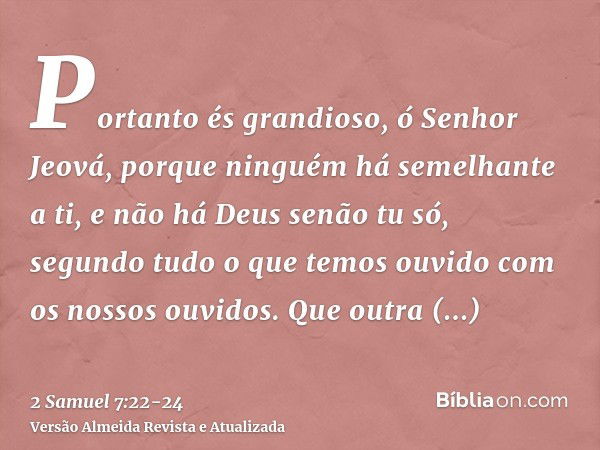 Portanto és grandioso, ó Senhor Jeová, porque ninguém há semelhante a ti, e não há Deus senão tu só, segundo tudo o que temos ouvido com os nossos ouvidos.Que o