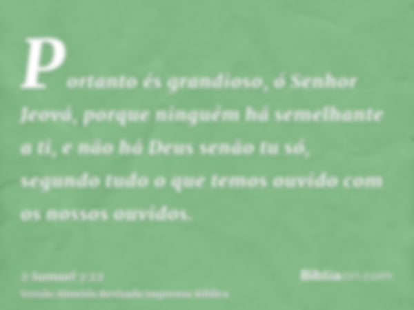 Portanto és grandioso, ó Senhor Jeová, porque ninguém há semelhante a ti, e não há Deus senão tu só, segundo tudo o que temos ouvido com os nossos ouvidos.