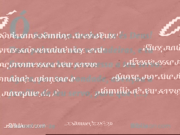 Ó Soberano Senhor, tu és Deus! Tuas palavras são verdadeiras, e tu fizeste essa boa promessa a teu servo. Agora, por tua bondade, abençoa a família de teu servo