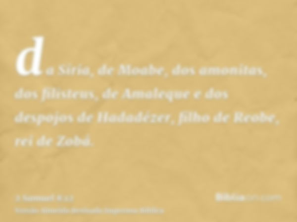 da Síria, de Moabe, dos amonitas, dos filisteus, de Amaleque e dos despojos de Hadadézer, filho de Reobe, rei de Zobá.