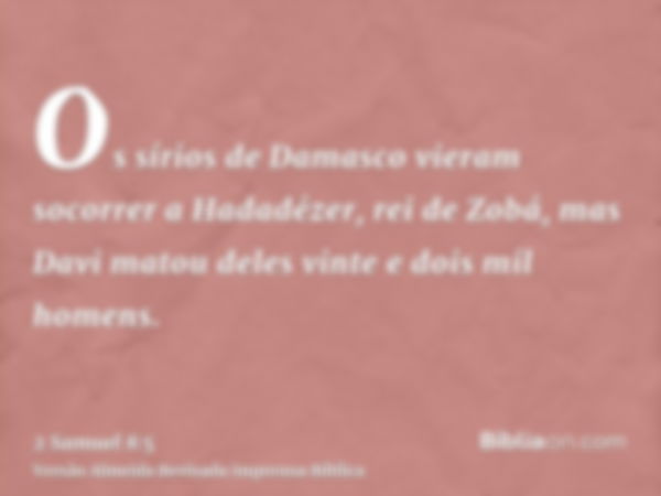 Os sírios de Damasco vieram socorrer a Hadadézer, rei de Zobá, mas Davi matou deles vinte e dois mil homens.