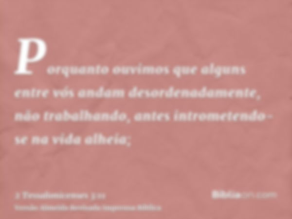 Porquanto ouvimos que alguns entre vós andam desordenadamente, não trabalhando, antes intrometendo-se na vida alheia;