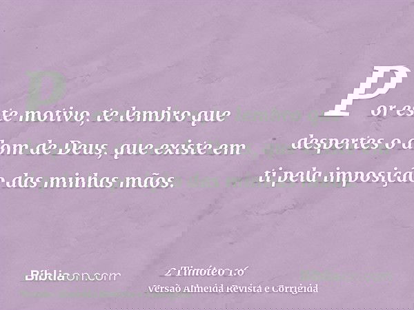 Por este motivo, te lembro que despertes o dom de Deus, que existe em ti pela imposição das minhas mãos.