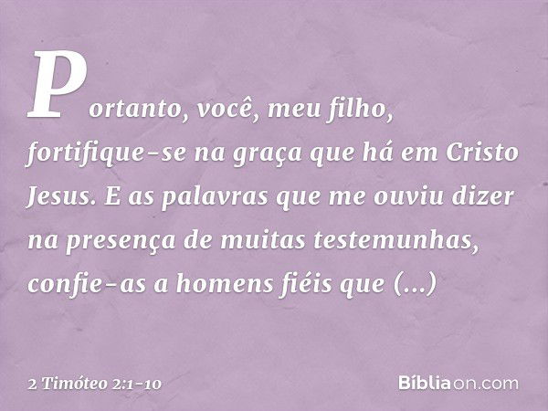 Portanto, você, meu filho, fortifique-se na graça que há em Cristo Jesus. E as palavras que me ouviu dizer na presença de muitas testemunhas, confie-as a homens