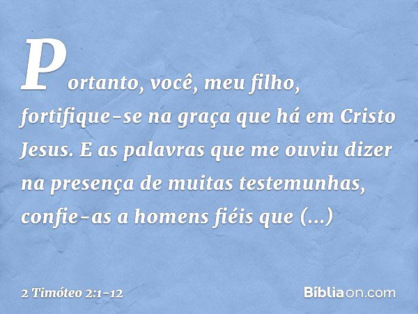 Portanto, você, meu filho, fortifique-se na graça que há em Cristo Jesus. E as palavras que me ouviu dizer na presença de muitas testemunhas, confie-as a homens