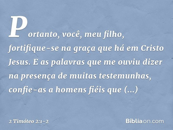 Portanto, você, meu filho, fortifique-se na graça que há em Cristo Jesus. E as palavras que me ouviu dizer na presença de muitas testemunhas, confie-as a homens