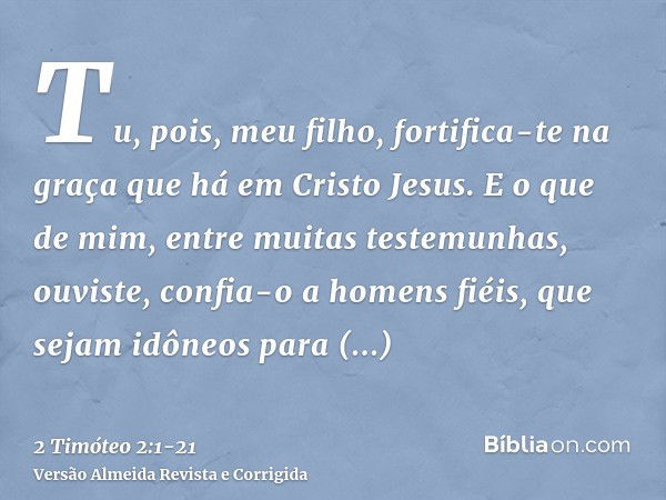 Tu, pois, meu filho, fortifica-te na graça que há em Cristo Jesus.E o que de mim, entre muitas testemunhas, ouviste, confia-o a homens fiéis, que sejam idôneos 