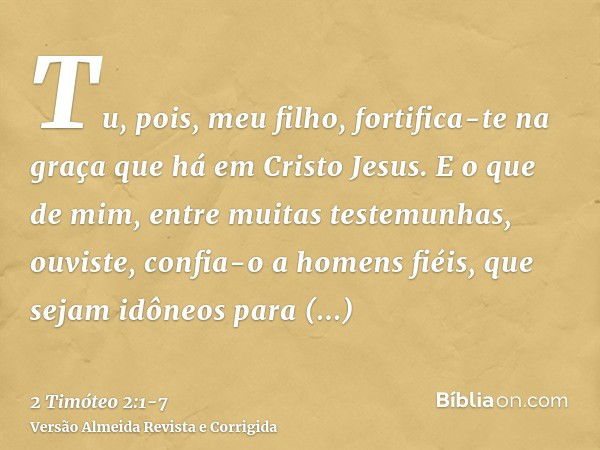 Tu, pois, meu filho, fortifica-te na graça que há em Cristo Jesus.E o que de mim, entre muitas testemunhas, ouviste, confia-o a homens fiéis, que sejam idôneos 