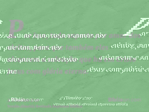 Por isso, tudo suporto por amor dos eleitos, para que também eles alcancem a salvação que há em Cristo Jesus com glória eterna.