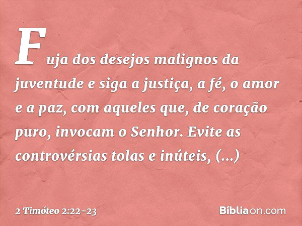 Fuja dos desejos malignos da juventude e siga a justiça, a fé, o amor e a paz, com aqueles que, de coração puro, invocam o Senhor. Evite as controvérsias tolas 