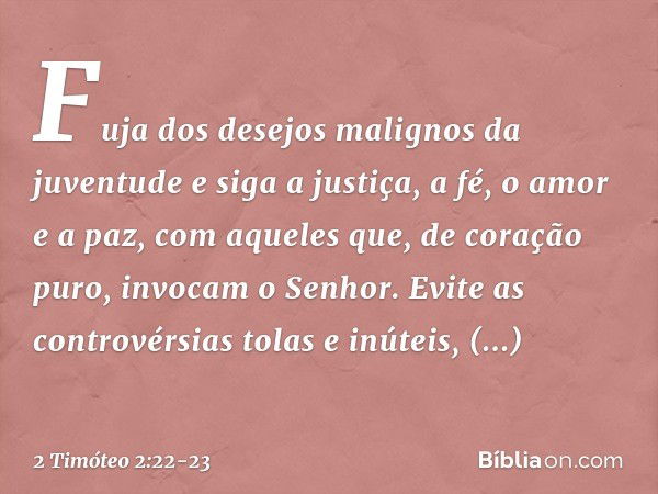 Fuja dos desejos malignos da juventude e siga a justiça, a fé, o amor e a paz, com aqueles que, de coração puro, invocam o Senhor. Evite as controvérsias tolas 