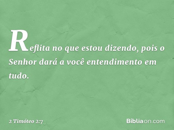 Reflita no que estou dizendo, pois o Senhor dará a você entendimento em tudo. -- 2 Timóteo 2:7