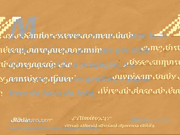 Mas o Senhor esteve ao meu lado e me fortaleceu, para que por mim fosse cumprida a pregação, e a ouvissem todos os gentios; e fiquei livre da boca do leão,