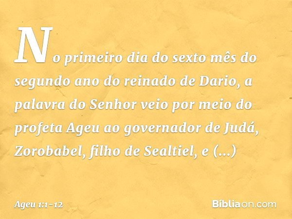 No primeiro dia do sexto mês do segundo ano do reinado de Dario, a palavra do Senhor veio por meio do profeta Ageu ao governador de Judá, Zorobabel, filho de Se