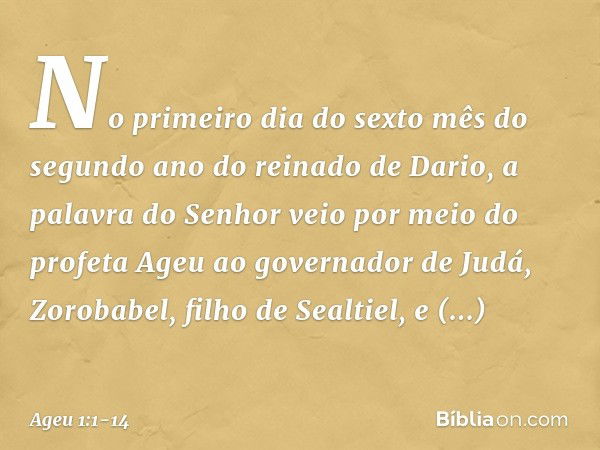 No primeiro dia do sexto mês do segundo ano do reinado de Dario, a palavra do Senhor veio por meio do profeta Ageu ao governador de Judá, Zorobabel, filho de Se