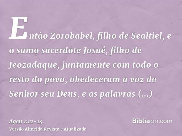 Então Zorobabel, filho de Sealtiel, e o sumo sacerdote Josué, filho de Jeozadaque, juntamente com todo o resto do povo, obedeceram a voz do Senhor seu Deus, e a