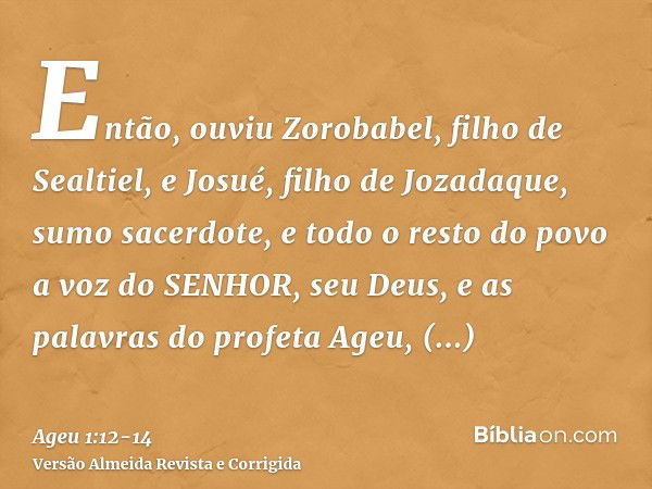 Então, ouviu Zorobabel, filho de Sealtiel, e Josué, filho de Jozadaque, sumo sacerdote, e todo o resto do povo a voz do SENHOR, seu Deus, e as palavras do profe