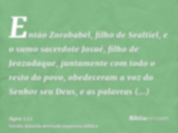 Então Zorobabel, filho de Sealtiel, e o sumo sacerdote Josué, filho de Jeozadaque, juntamente com todo o resto do povo, obedeceram a voz do Senhor seu Deus, e a