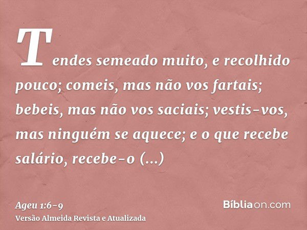 Tendes semeado muito, e recolhido pouco; comeis, mas não vos fartais; bebeis, mas não vos saciais; vestis-vos, mas ninguém se aquece; e o que recebe salário, re