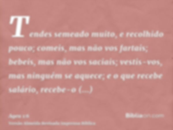 Tendes semeado muito, e recolhido pouco; comeis, mas não vos fartais; bebeis, mas não vos saciais; vestis-vos, mas ninguém se aquece; e o que recebe salário, re