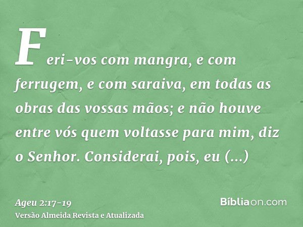 Feri-vos com mangra, e com ferrugem, e com saraiva, em todas as obras das vossas mãos; e não houve entre vós quem voltasse para mim, diz o Senhor.Considerai, po