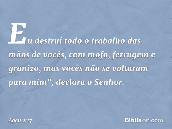 Eu destruí todo o trabalho das mãos de vocês, com mofo, ferrugem e granizo, mas vocês não se voltaram para mim", declara o Senhor. -- Ageu 2:17