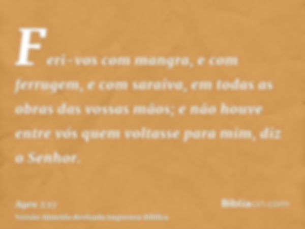 Feri-vos com mangra, e com ferrugem, e com saraiva, em todas as obras das vossas mãos; e não houve entre vós quem voltasse para mim, diz o Senhor.