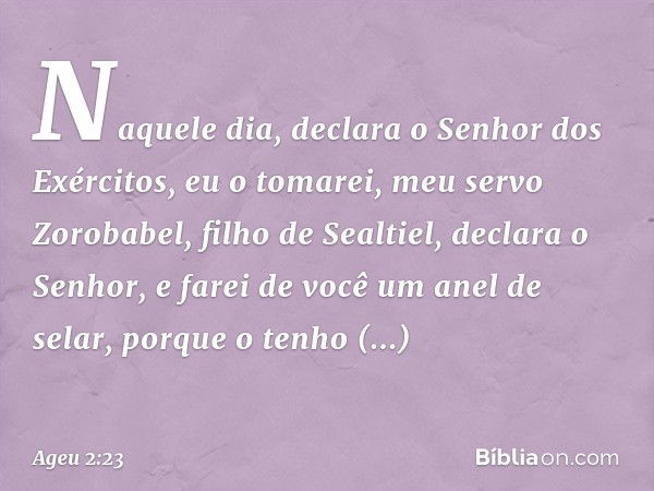 "Naquele dia", declara o Senhor dos Exércitos, "eu o tomarei, meu servo Zorobabel, filho de Sealtiel", declara o Senhor, "e farei de você um anel de selar, porq